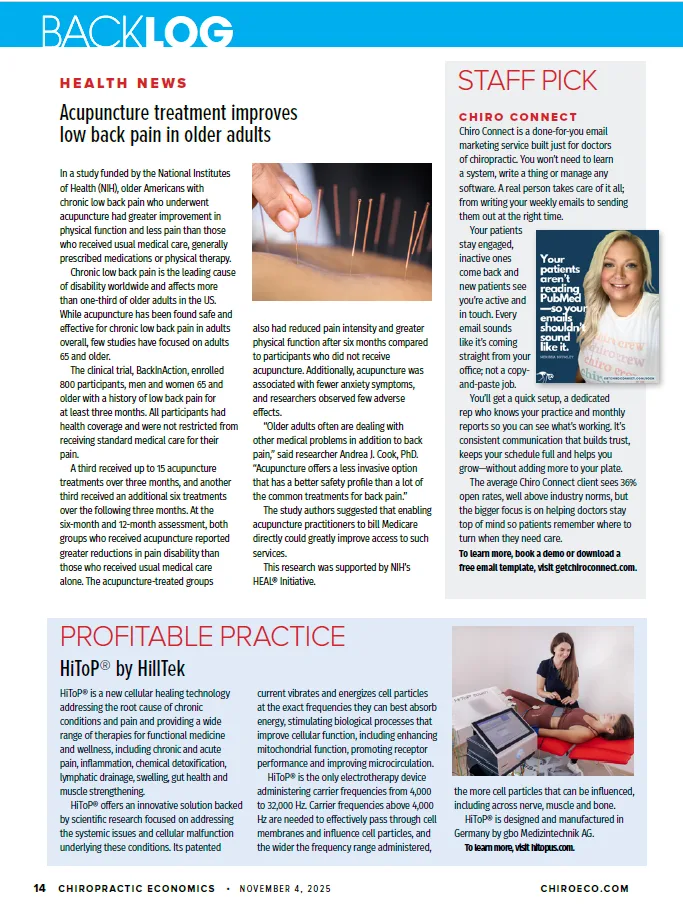 Chiro Connect featured as a Staff Pick in Chiro Economics magazine, November issue.