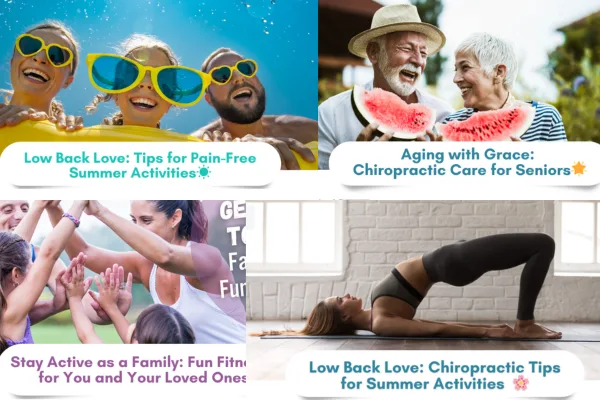 Examples of chiropractic email newsletter header images. Kids chiropractic health, seniors chiropractic health, sports injury, and low back pain relief.