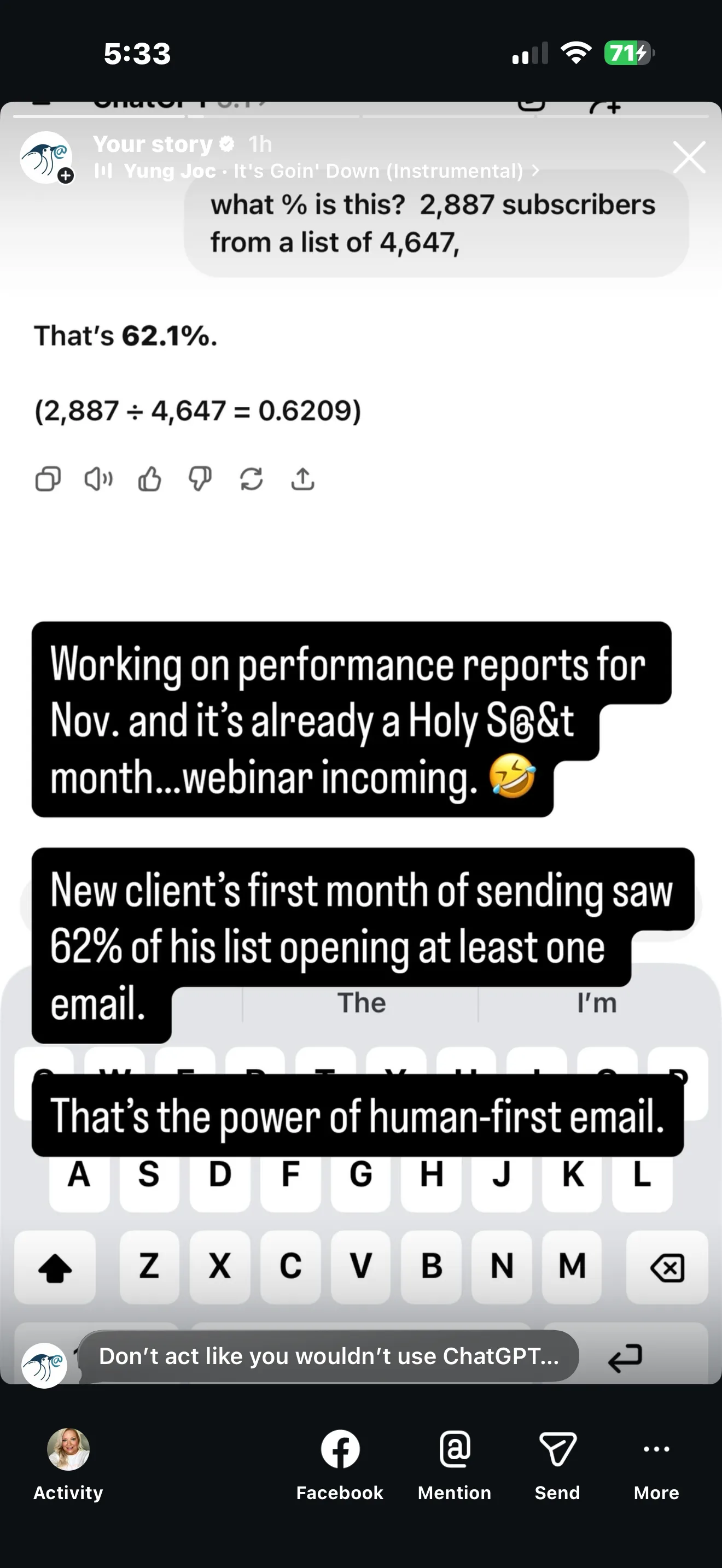 Screenshot showing 62.1 percent of a chiropractic patient list opening at least one email in November.