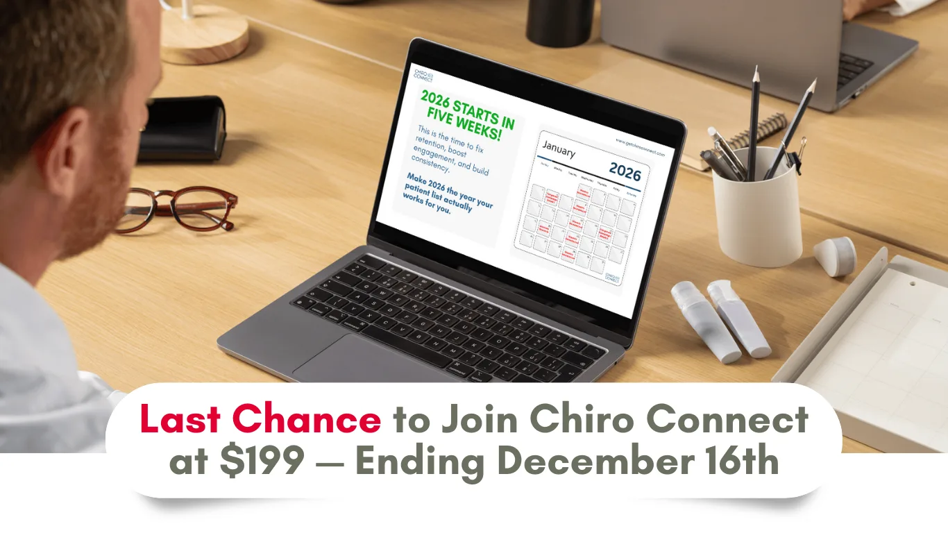 Laptop on a desk displaying a Chiro Connect slide that says “2026 starts in five weeks,” with a calendar and notes about improving patient engagement.