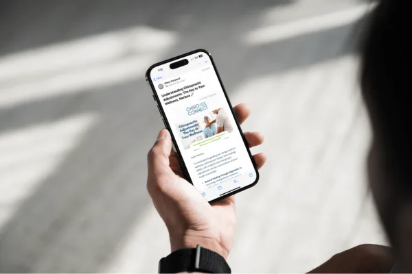 Chiropractic email newsletter being viewed on smart phone.