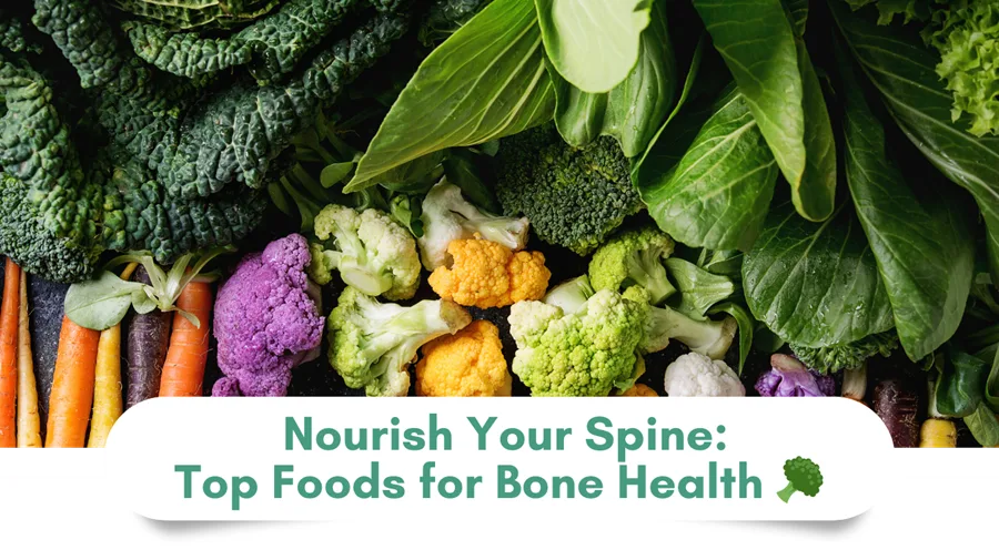 Chiropractic newsletter header image designed for patient education, featuring vegetables and the title “Nourish Your Spine: Top Foods for Bone Health.”
