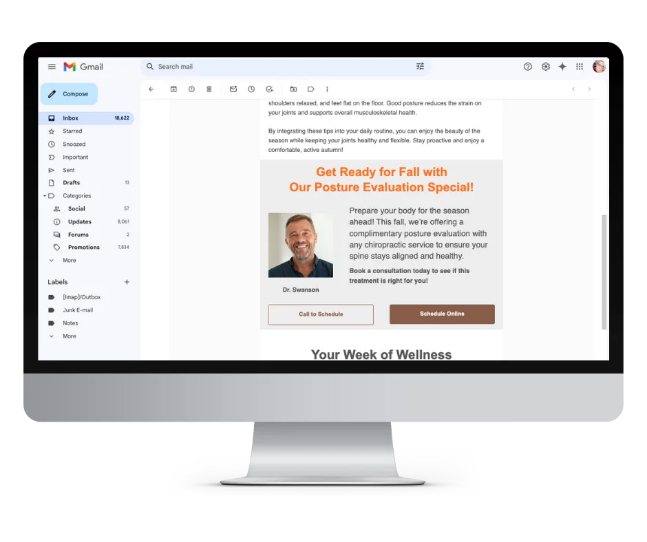 Example of a chiropractic email newsletter CTA. Invite subscribers to take a next step to either call your practice or book online.