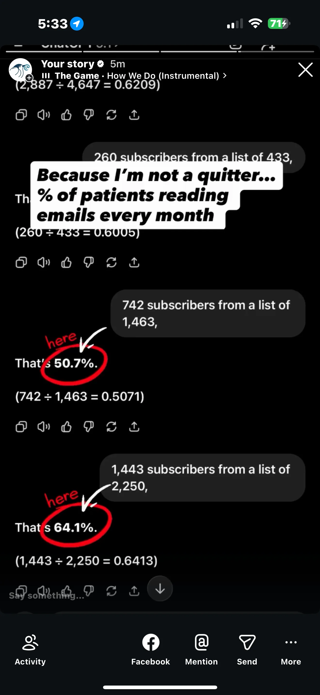 Screenshot showing 64.1 percent of a chiropractic patient list engaging with monthly practice emails.