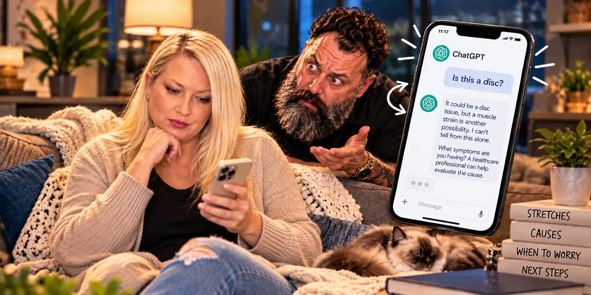 A patient on her couch reads ChatGPT's answer to Is this a disc? on her phone. It says it could be a disc issue or a muscle strain and suggests a healthcare professional. A bearded man leans in behind her with his eyebrows raised, and a stack of books beside her reads Stretches, Causes, When to Worry, Next Steps.