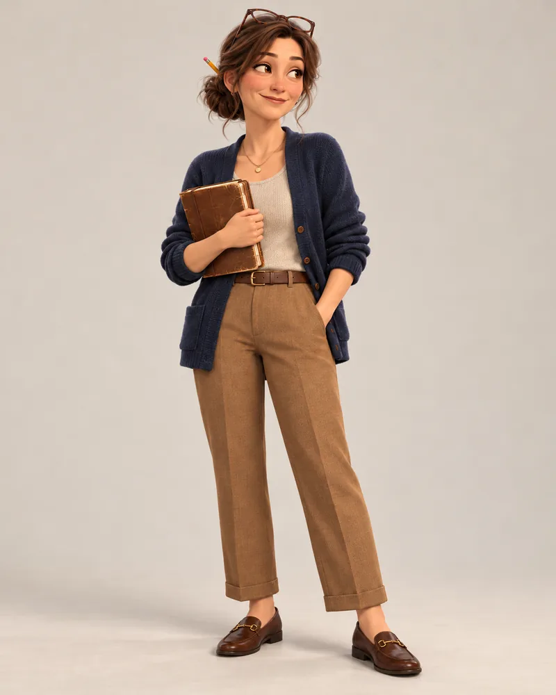 The first drawing of Connie: an illustrated woman with her brown hair in a bun, a pencil tucked into it and glasses pushed up on her head, holding a leather notebook and wearing a navy cardigan and tan trousers.