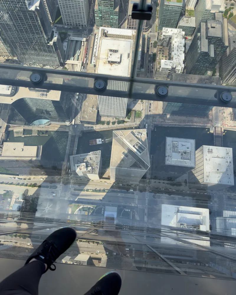 Nerissa standing in the glass box on the Willis Tower Skydeck, 103 floors over Chicago