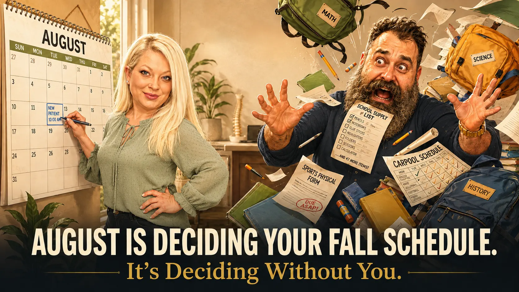 A parent marking a wall calendar while another holds an armful of school and sports forms, under the line August Is Deciding Your Fall Schedule. It's Deciding Without You.