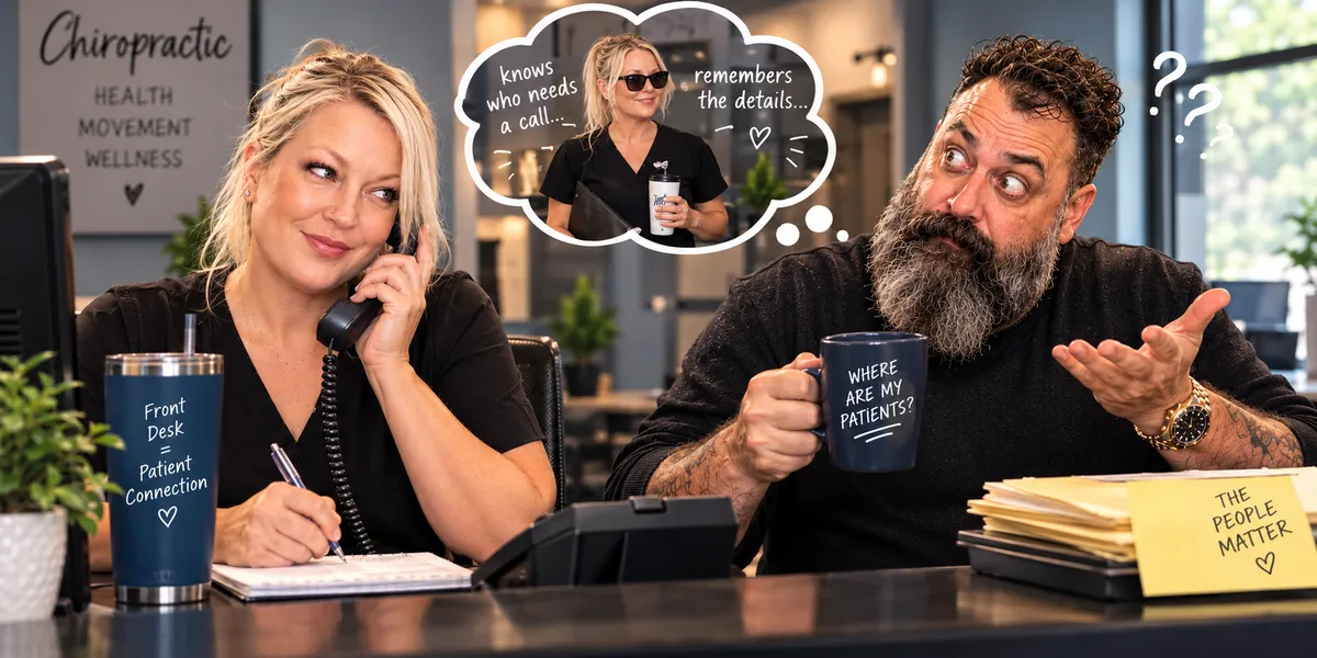 Banner reading Front Desk = Patient Connection and The People Matter. A chiropractic assistant takes a call at the front desk while a thought bubble shows she knows who needs a call and remembers the details. Beside her, a bearded chiropractor holds a mug reading Where Are My Patients? and shrugs next to a stack of patient folders.