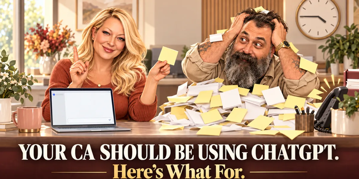 Banner reading Your CA Should Be Using ChatGPT, Here's What For, showing a calm front desk staffer at her laptop next to a doctor buried in sticky notes.