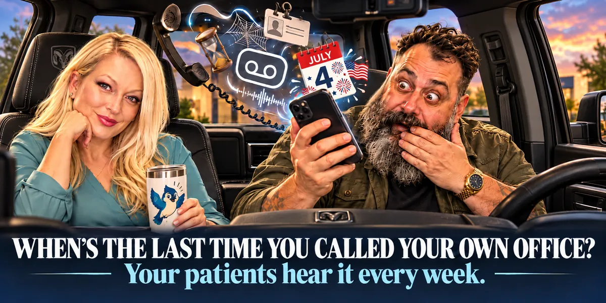 Banner reading When's the Last Time You Called Your Own Office? Your Patients Hear It Every Week, showing Nerissa in the passenger seat of a truck holding a Chiro Connect tumbler while Greg stares wide-eyed at his phone, with an old phone handset, a voicemail icon, and a July 4 calendar page floating between them.