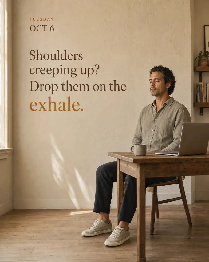 Shoulders creeping up? Drop them on the exhale.