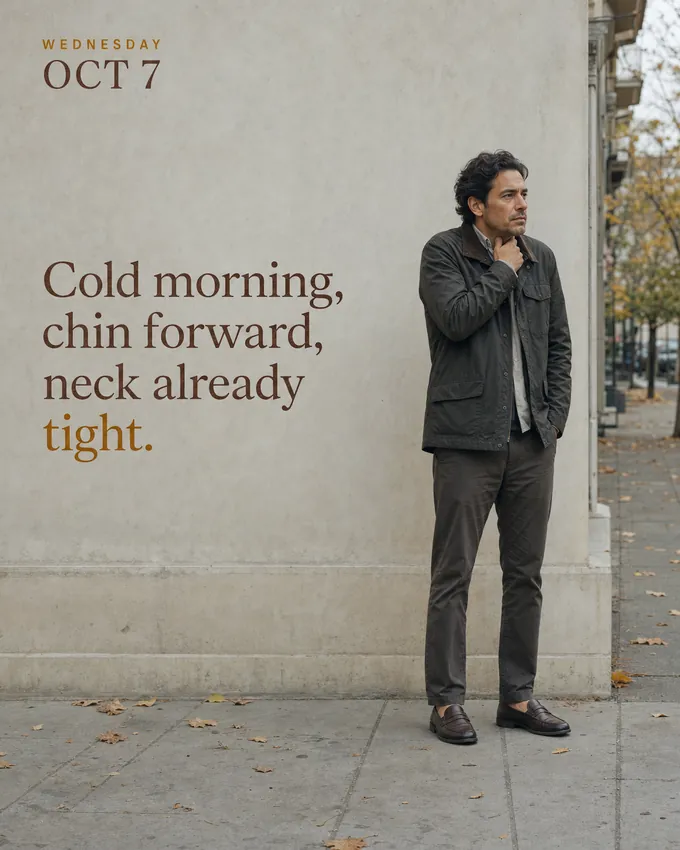 Cold morning, chin forward, neck already tight.
