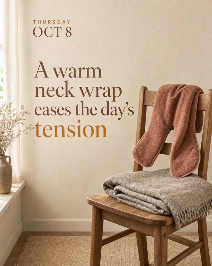 A warm neck wrap eases the day's tension.