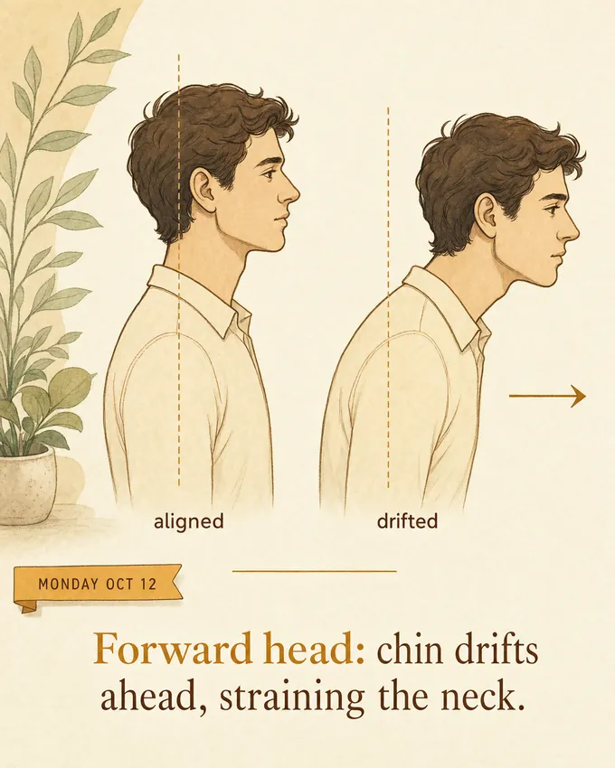 Forward head: chin drifts ahead, straining the neck.