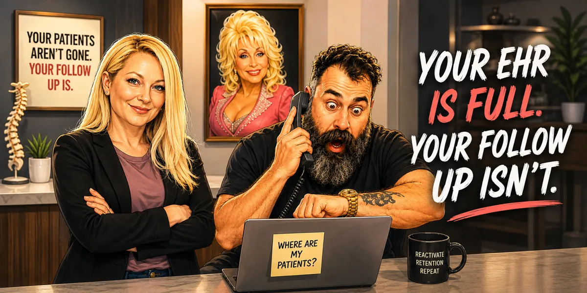 Banner reading Your Patients Aren't Gone, Your Follow Up Is, and Your EHR Is Full, Your Follow Up Isn't, over a photo of the Chiro Connect team in a home office.