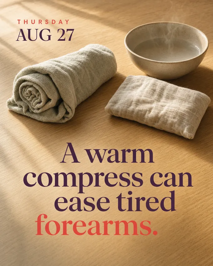 A warm compress can ease tired forearms.