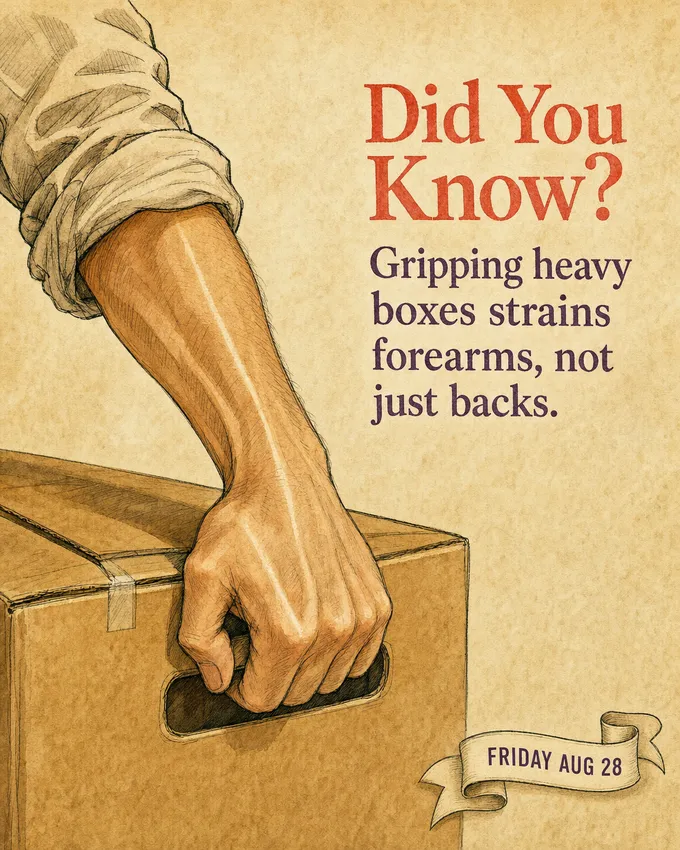 Did You Know? Gripping heavy boxes strains forearms, not just backs.