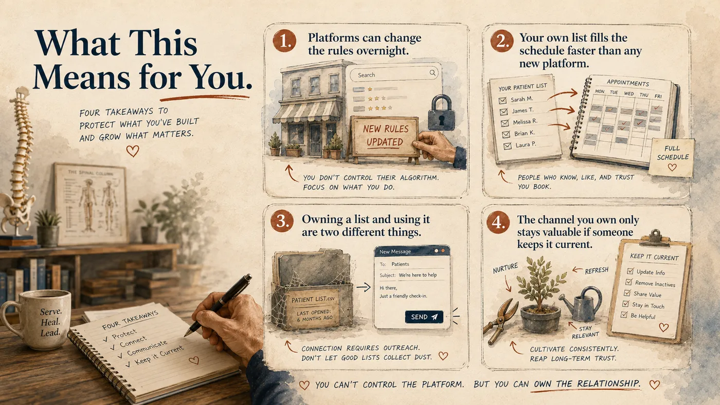 A four-point summary: the platforms can change the rules overnight, an owned list fills the schedule faster, owning and using a list are different, and the list only stays valuable when it's kept current.