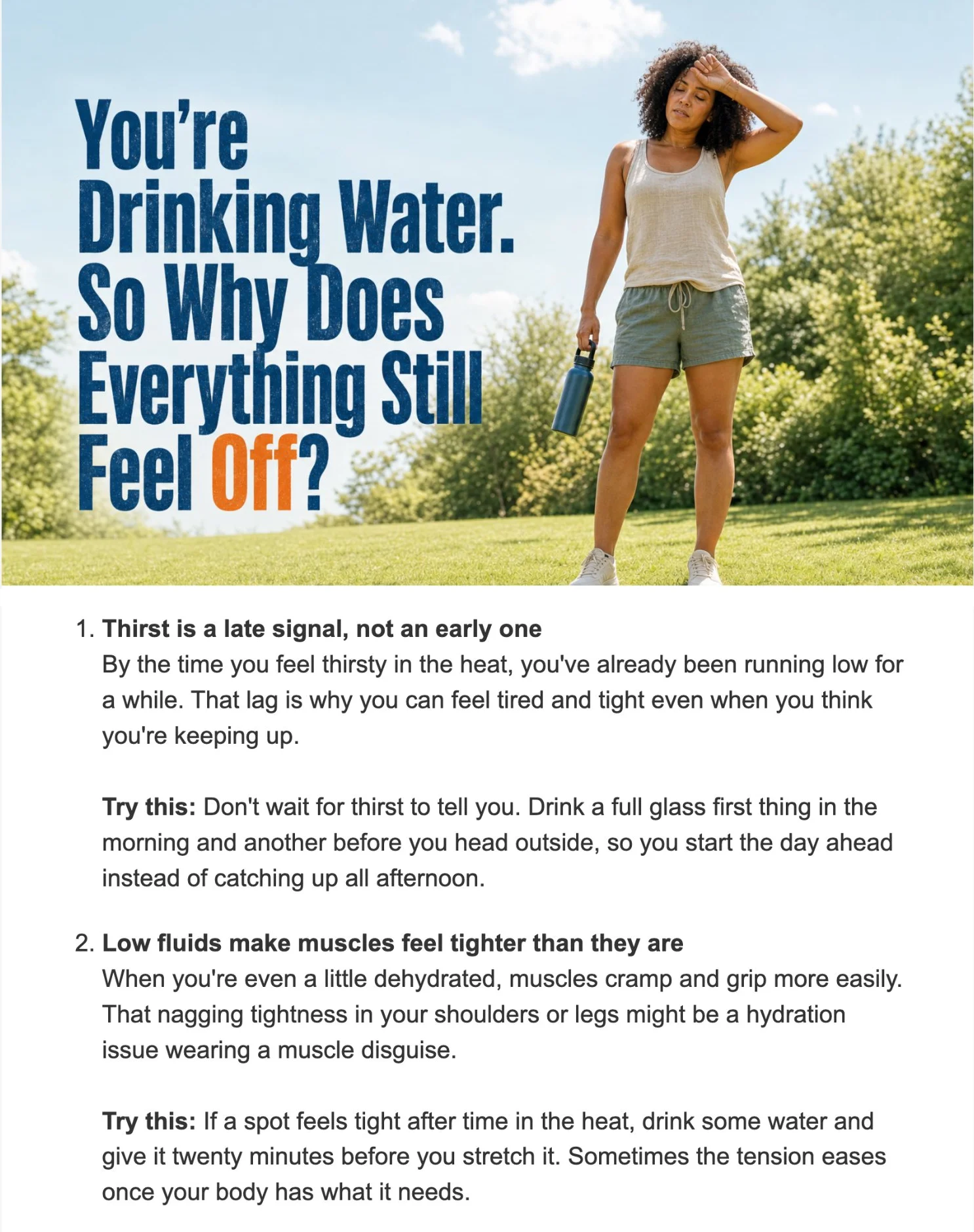 A summer hydration patient newsletter we wrote and sent, showing the headline you're drinking water so why does everything still feel off and the opening tips on thirst and muscle tightness
