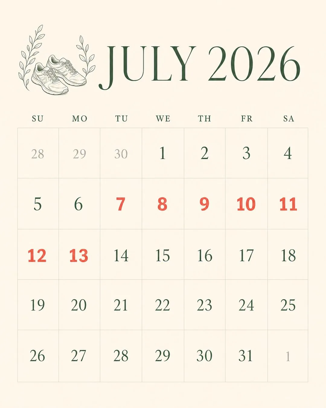 July 2026 wellness calendar.