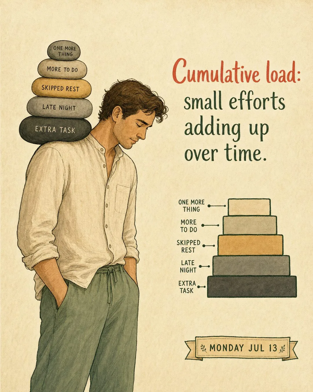 Cumulative load: small efforts adding up over time.
