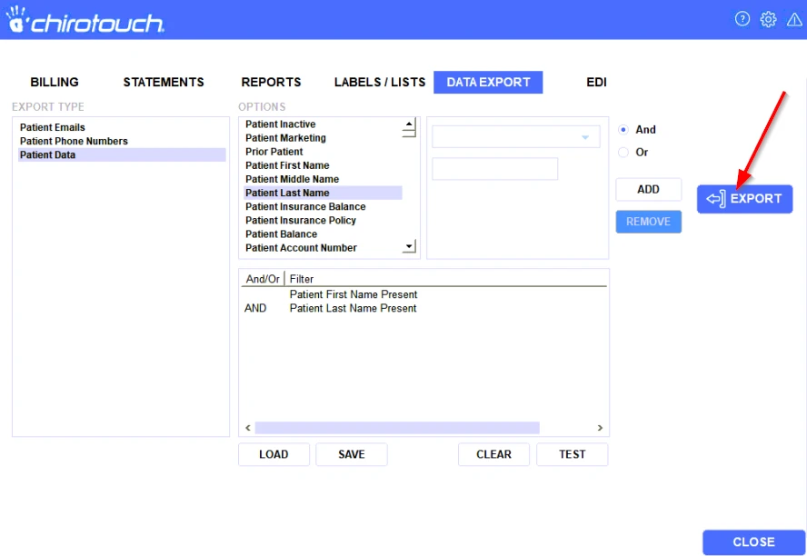The ChiroTouch Data Export screen with Patient Emails and Patient Last Name selected and the Export button highlighted.