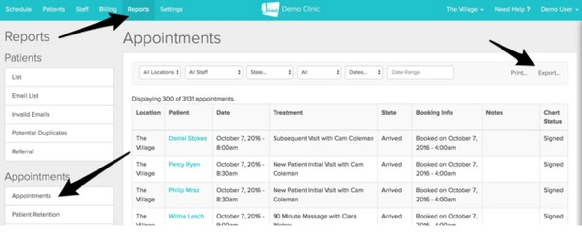 Jane's Reports screen with the Reports menu open, the patient List and Email List reports shown in the left sidebar, and the Export button highlighted in the top right.