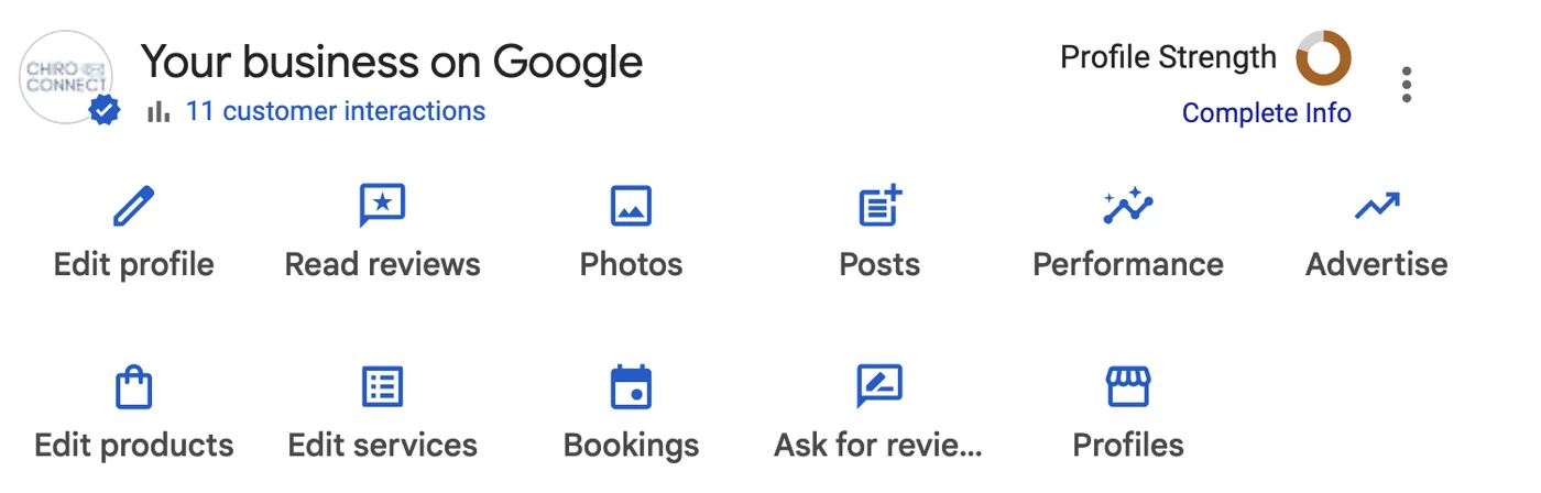 The Your business on Google panel showing the Profile Strength ring and a Complete Info prompt, the completeness signal AI reads when deciding whether to recommend a practice.