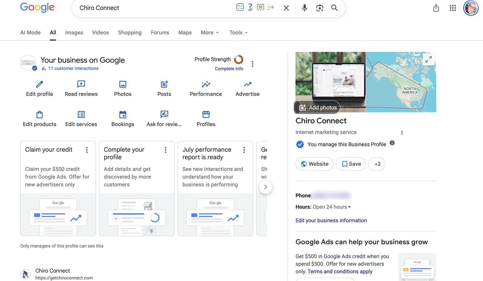 The Google Business Profile manager view for Chiro Connect, showing the Profile Strength indicator, a Complete Info prompt, and the edit, reviews, photos, posts, and performance controls a practice owner sees.