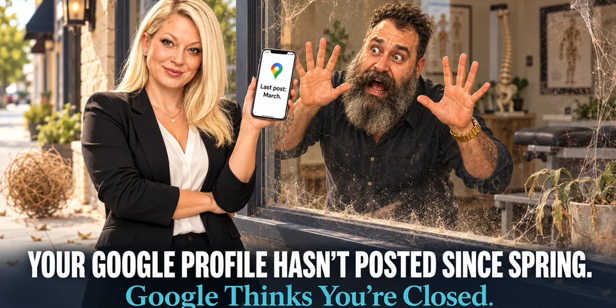Banner reading Your Google Profile Hasn't Posted Since Spring, Google Thinks You're Closed, over a photo of the Chiro Connect team holding a phone.