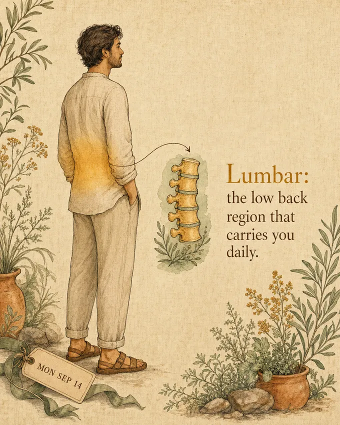 Lumbar: the low back region that carries you daily.