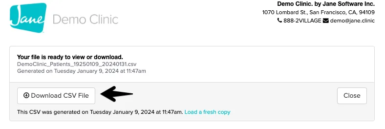Jane's download page with the Download CSV File button