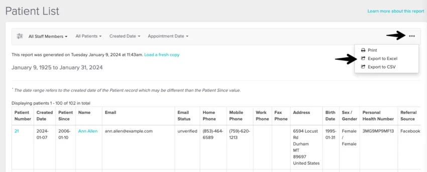 The three-dot export menu open on Jane's Patient List report showing Export to Excel and Export to CSV