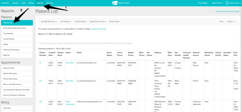 Jane's Reports tab with the Patient List report selected in the left sidebar