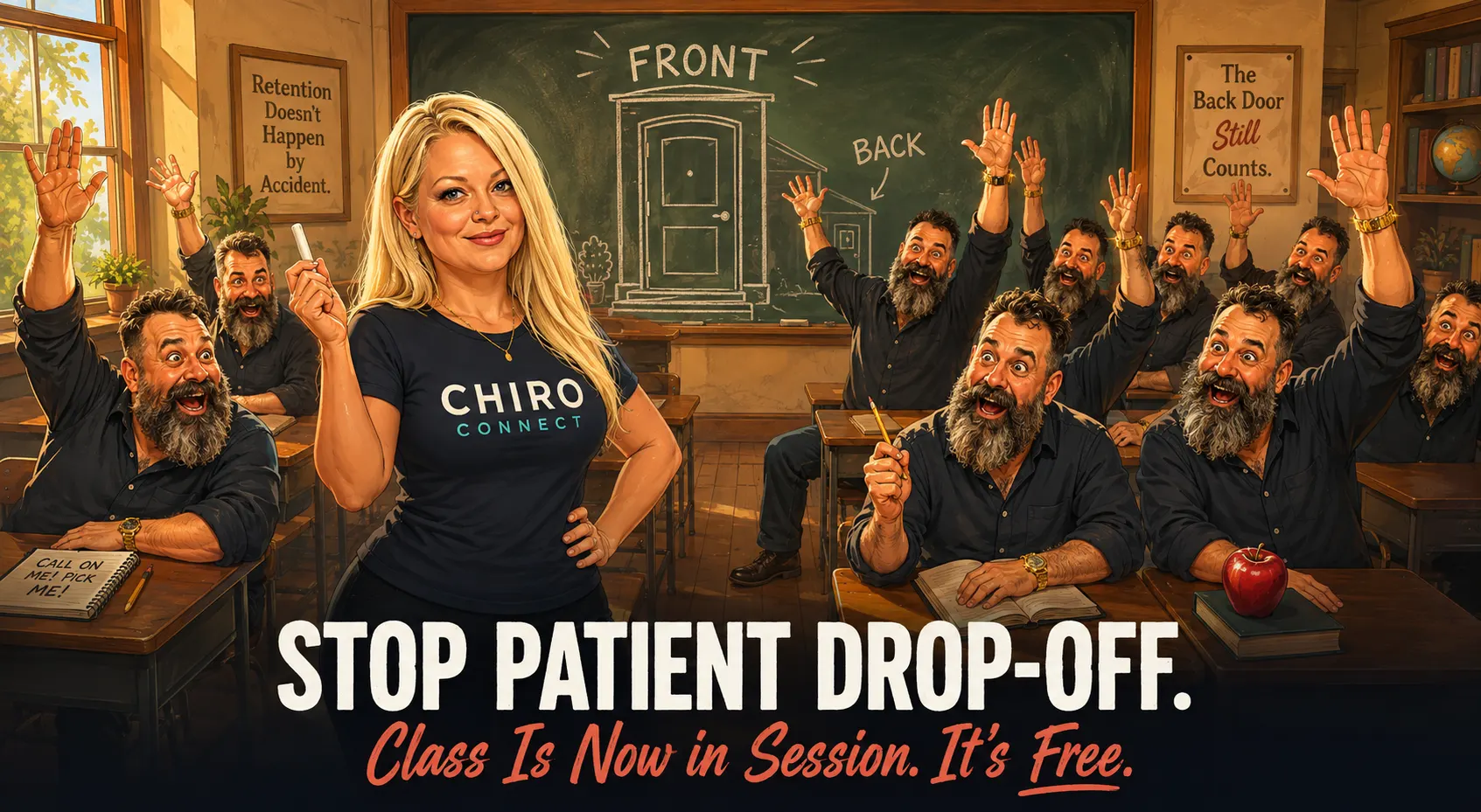 Nerissa Brumley standing in front of a classroom of raised hands, under banner text reading Stop Patient Drop-Off, Class Is Now in Session, It's Free.