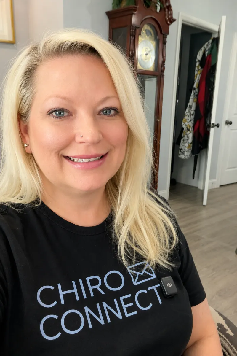 Nerissa in a Chiro Connect shirt, taken seconds before recording Lesson 1 of Stop Patient Drop-Off.
