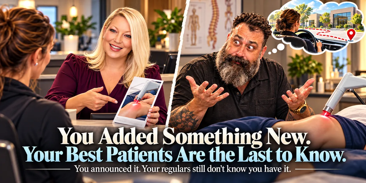 Banner reading You Added Something New. Your Best Patients Are the Last to Know. You announced it. Your regulars still don't know you have it. A woman at a front desk points to a photo of a handheld therapy device on a knee, while a bearded man shrugs beside a treatment table, picturing a patient driving across town to another clinic.
