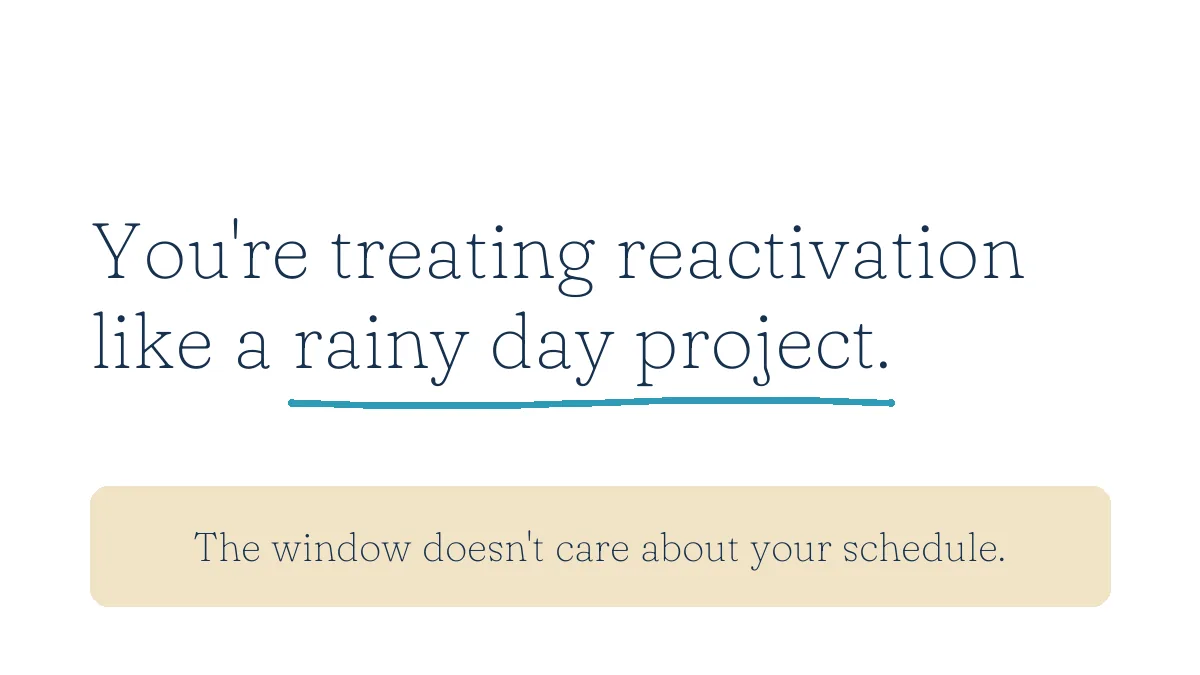 You're treating reactivation like a rainy day project. The window doesn't care about your schedule.