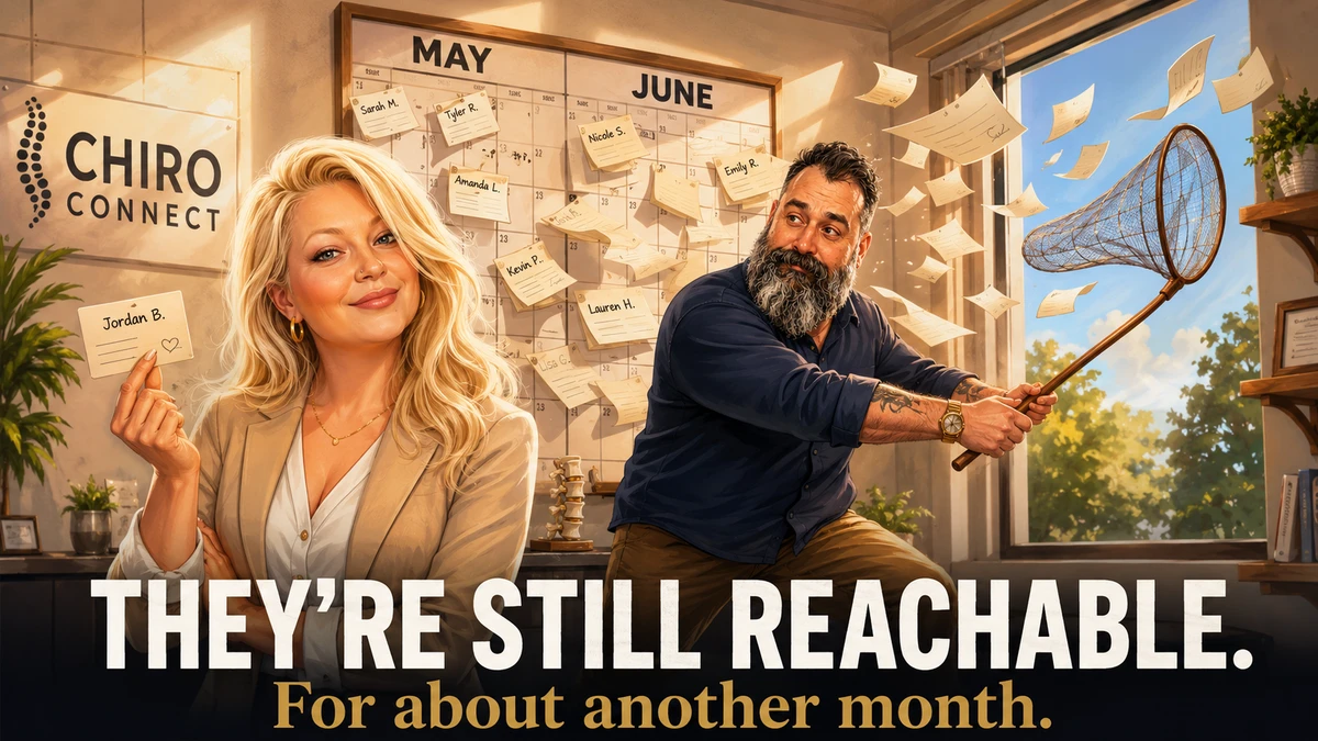 Nerissa pinning May and June patient names to a wall calendar while Greg catches paper planes with a net, under the headline They're Still Reachable