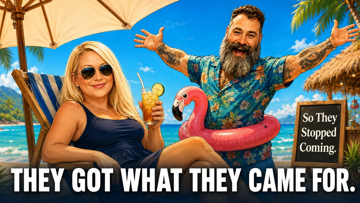 An illustrated man and woman kicked back on a beach vacation with drinks in hand, under the headline They Got What They Came For and a chalkboard reading So They Stopped Coming.