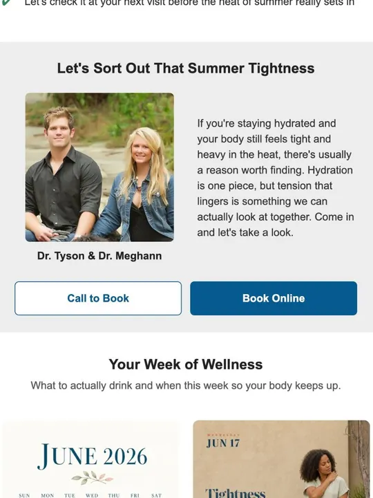 A booking block with the clinic's doctors inside a chiropractic email marketing newsletter