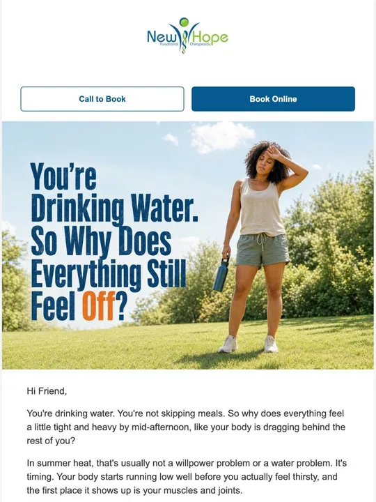 A chiropractic email marketing newsletter masthead with the clinic's logo and booking buttons