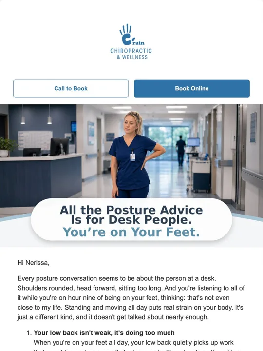 A real newsletter masthead with the clinic's logo and booking buttons