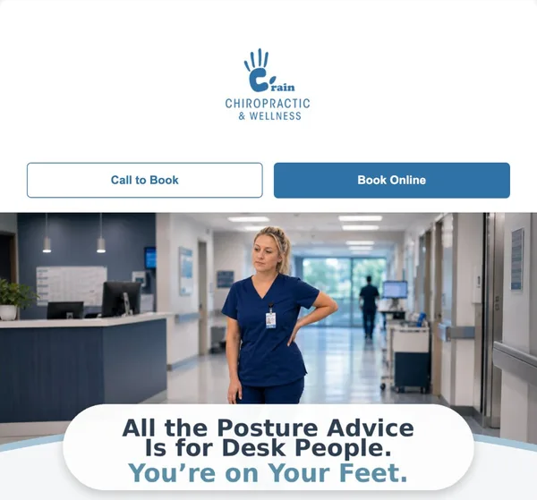 A real patient email from a chiropractor: the clinic masthead, hero image, and headline