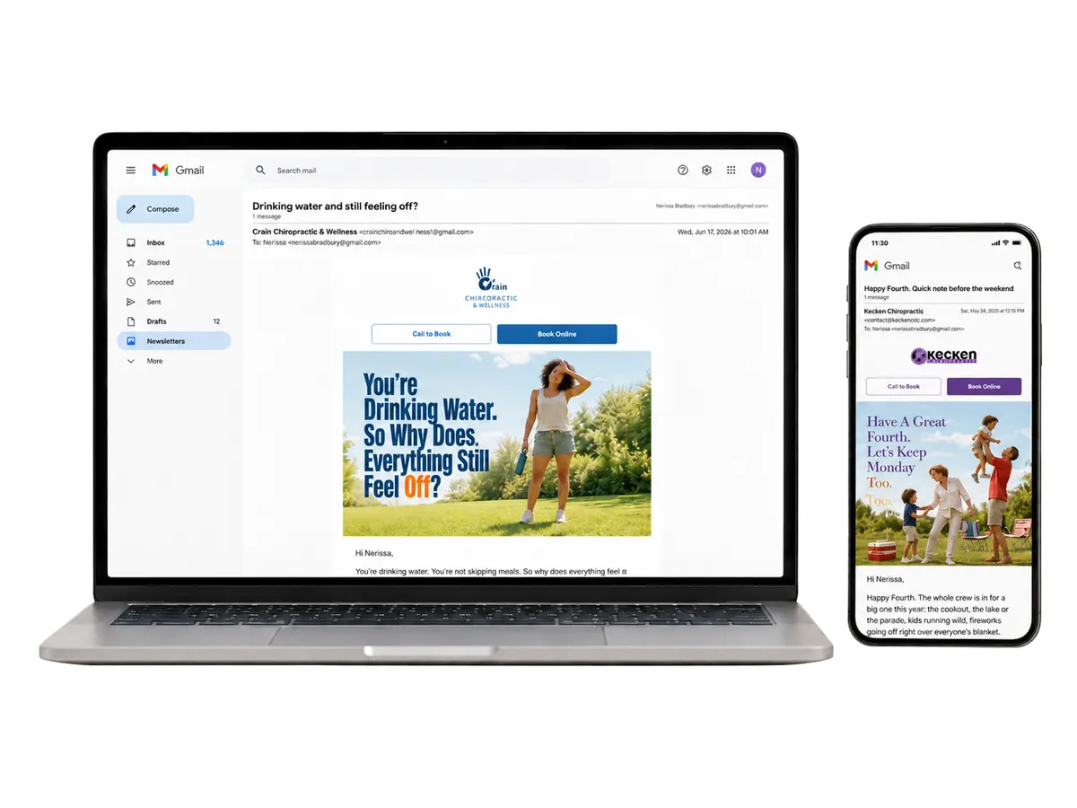 A chiropractic newsletter service email open on a laptop and a phone side by side