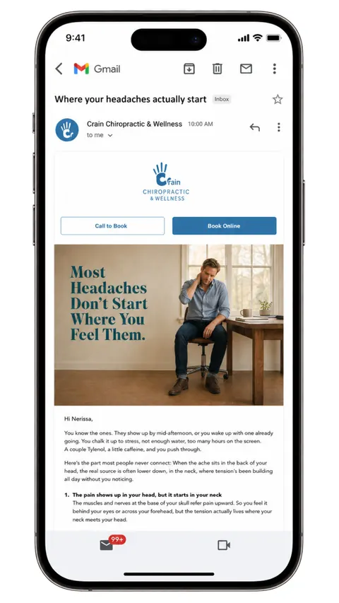 A patient newsletter about headaches, shown on a phone screen