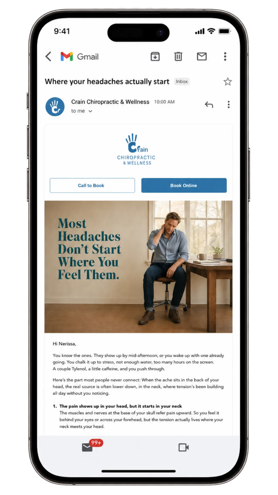 A chiropractic patient newsletter open on a phone, the way a patient reads it
