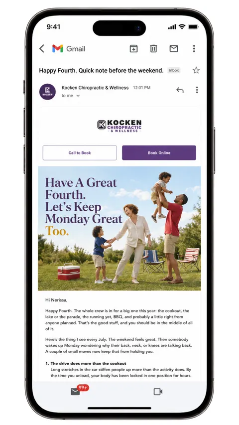 A patient newsletter with a Fourth of July message, shown on a phone screen