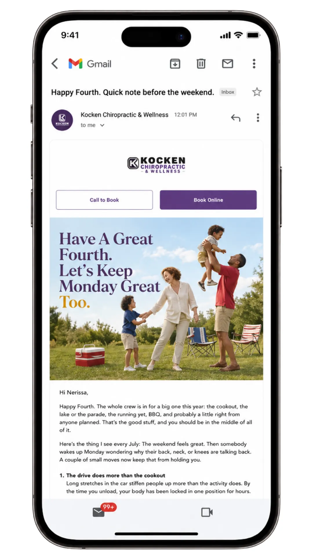 A new patient welcome email open on a phone screen